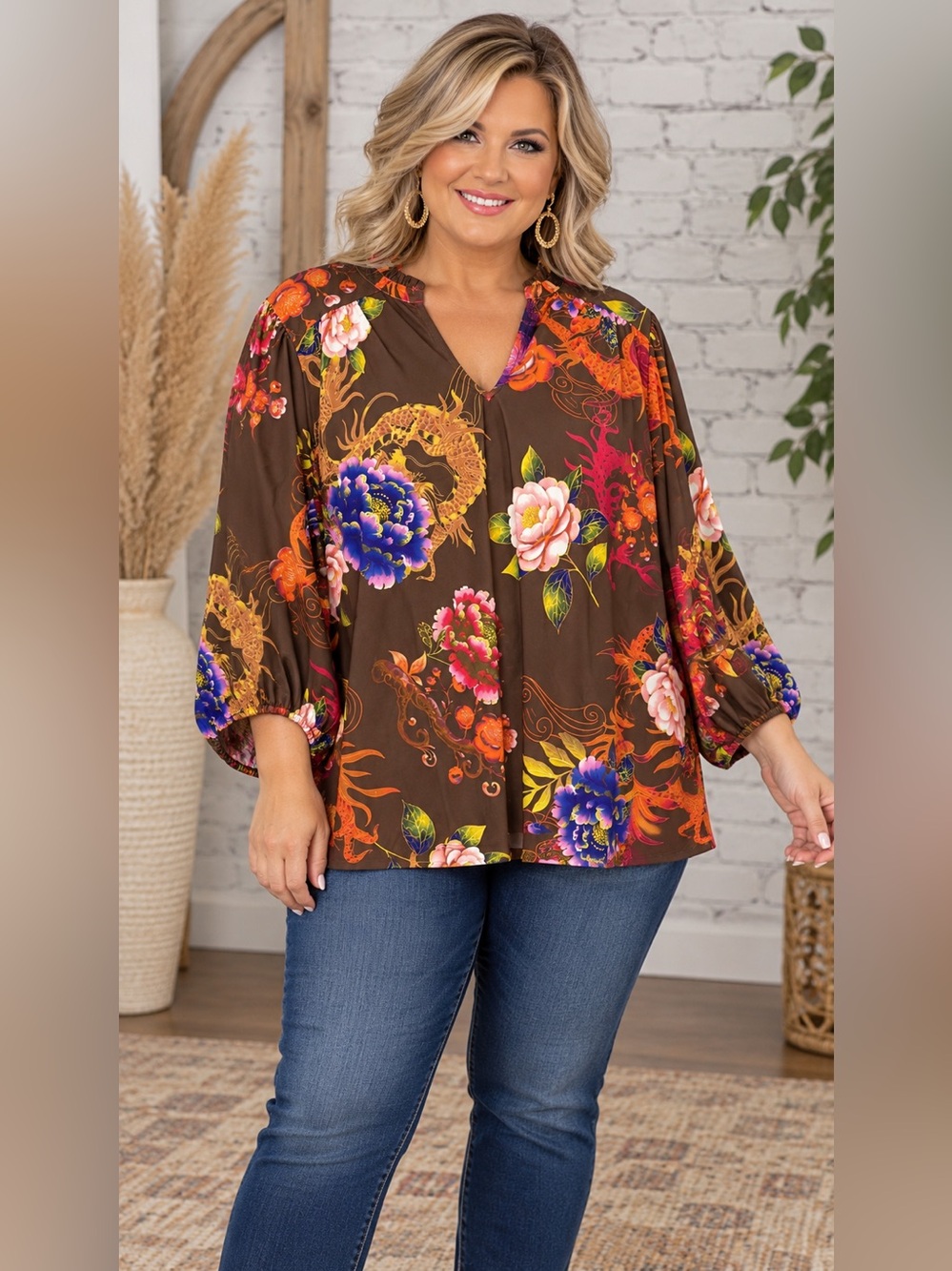 MOLLY RONCAL BROWN DRAGON SPLIT NECK DRAMA SLEEVE KNOT TOP BLOUSE TUNIC SIZE 2X